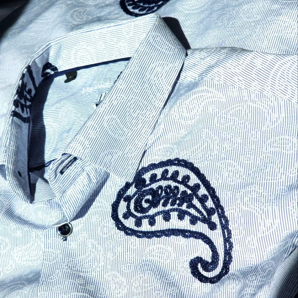 Visconti Men's Blue Stretch Stripe Paisley Long Sleeve Woven Shirt Size L - Picture 6 of 6